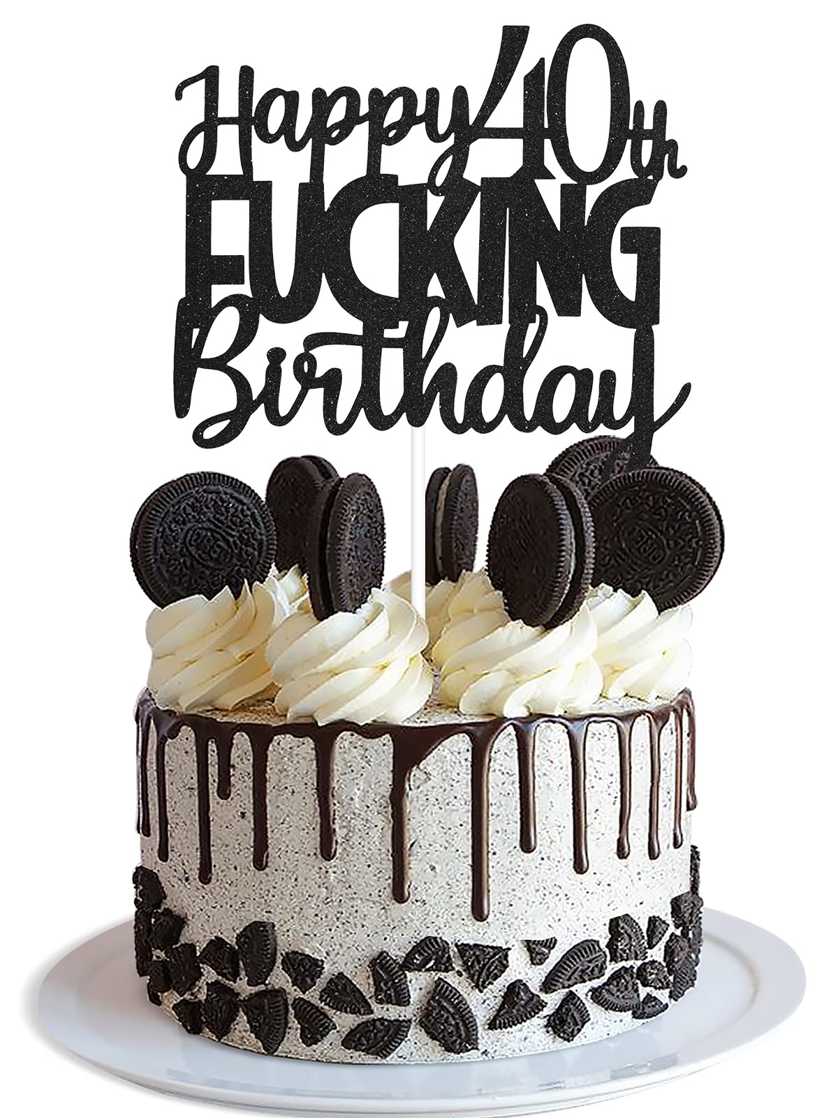 Happy 40Th Birthday Cake Topper - Funny Black Glitter 40Th Birthday Cake Toppers For Women - 40Th Birthday Decorations For Men P