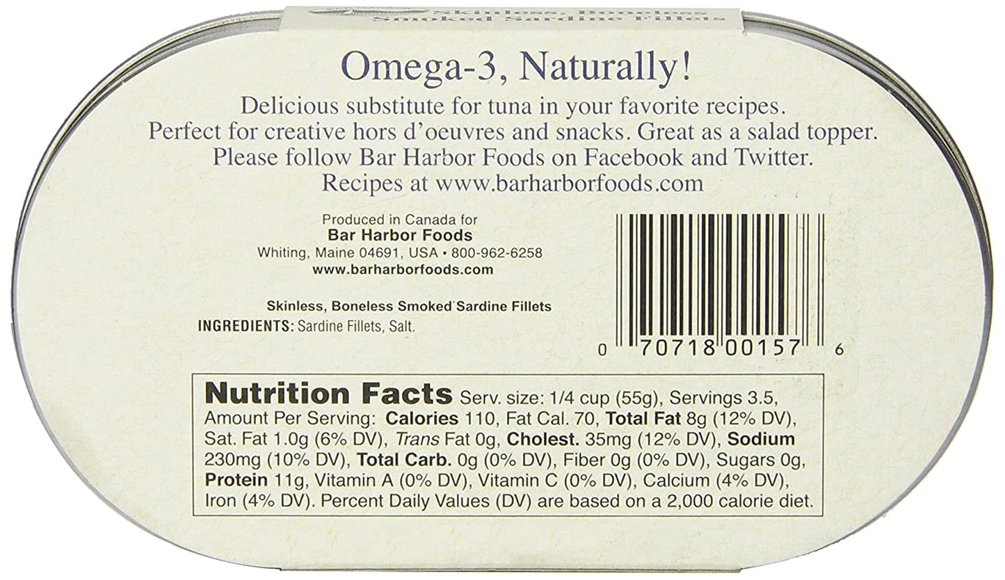 Bar Harbor Skinless Boneless Smoked Sardine Fillets, 6.7-Ounce (Pack Of 6)