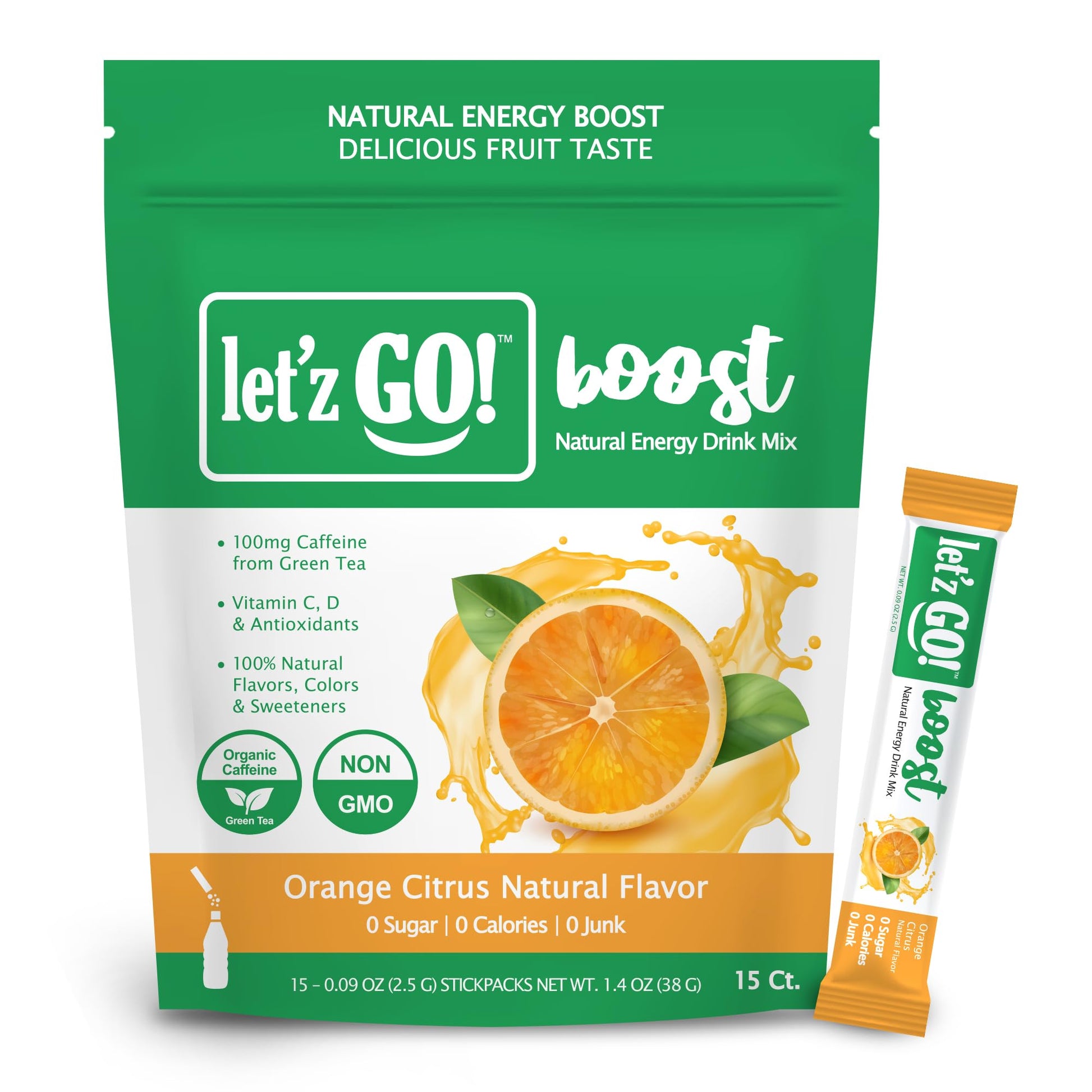 Letz Go! Energy Drink Mix, Sugar Free, Electrolytes, Vitamins C + D, 15 Pack, Orange Citrus, 0.09 Ounce Each