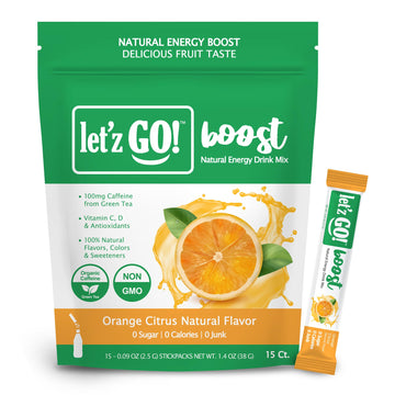 Letz Go! Energy Drink Mix, Sugar Free, Electrolytes, Vitamins C + D, 15 Pack, Orange Citrus, 0.09 Ounce Each
