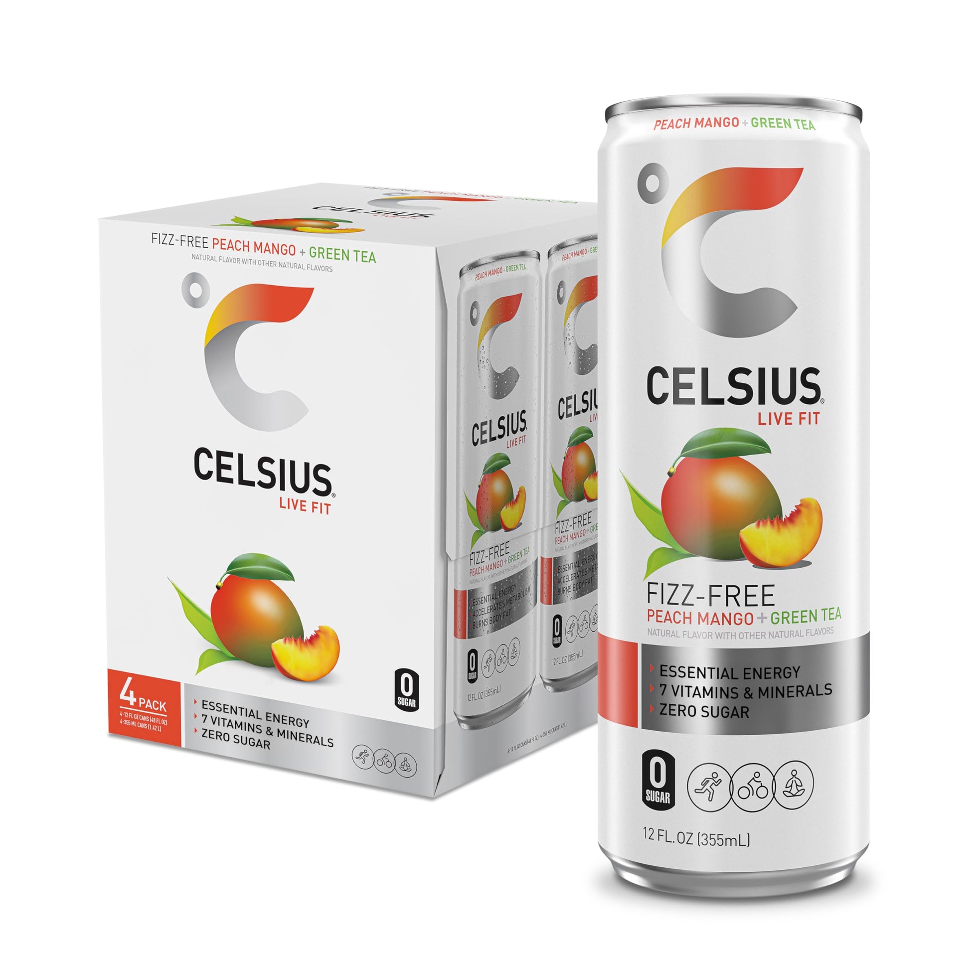 CELSIUS Fizz Free Peach Mango Green Tea  Sugar Free Energy Drink  12 Fl Oz (Pack of 4)