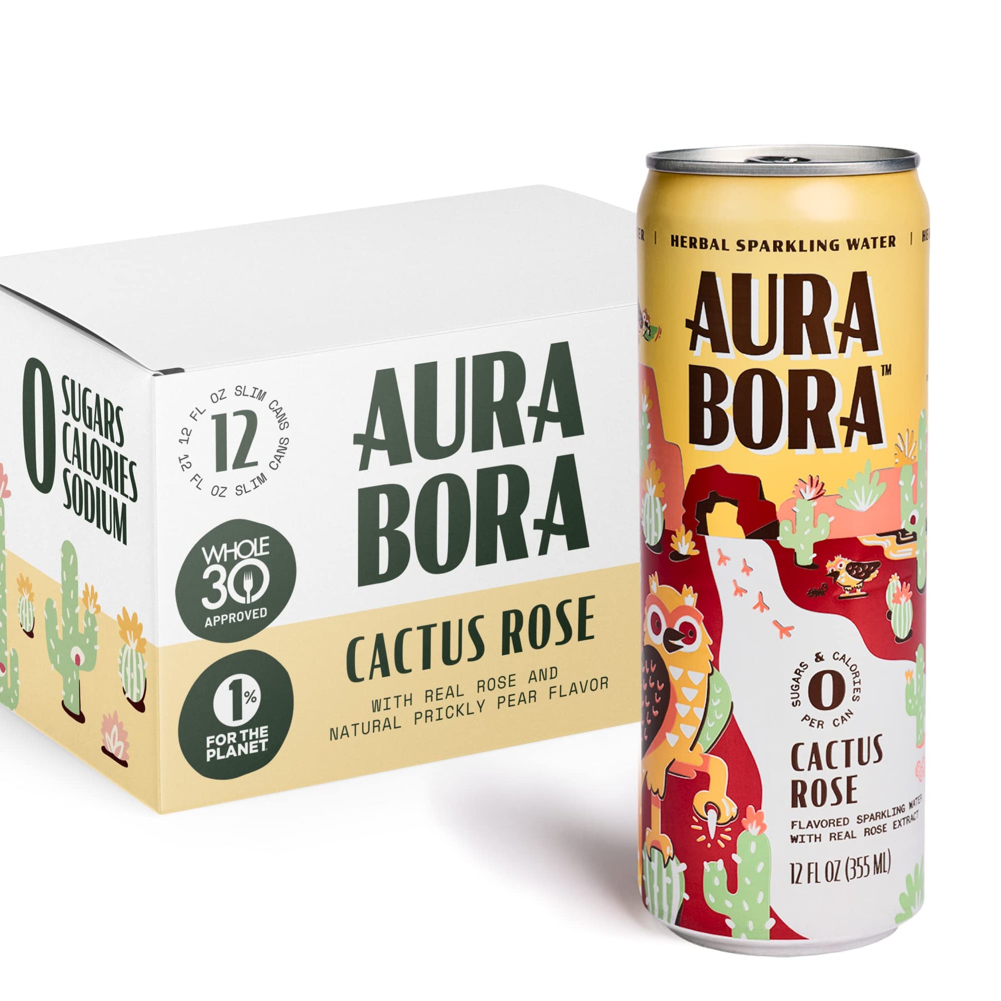Aura Bora, Cactus Rose Herbal Sparkling Water, 12 Oz Can (Pack Of 12), 0 Calories, 0 Sugar, 0 Sodium, Non-Gmo