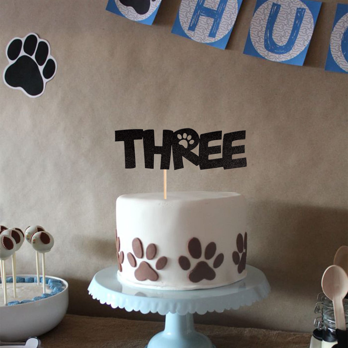 1 Pcs Three Cake Topper Black Glitter Dog Paw 3 Years Old Birthday Cake Pick Decorations For Puppy Dog Let'S Pawty For Kids Boys