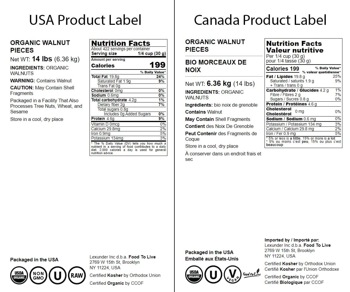 Food to Live Organic Walnut Pieces, 14 Pounds - California Chandler Variety. Medium Size. Non-GMO. Rich in Omega-3, Antioxidants