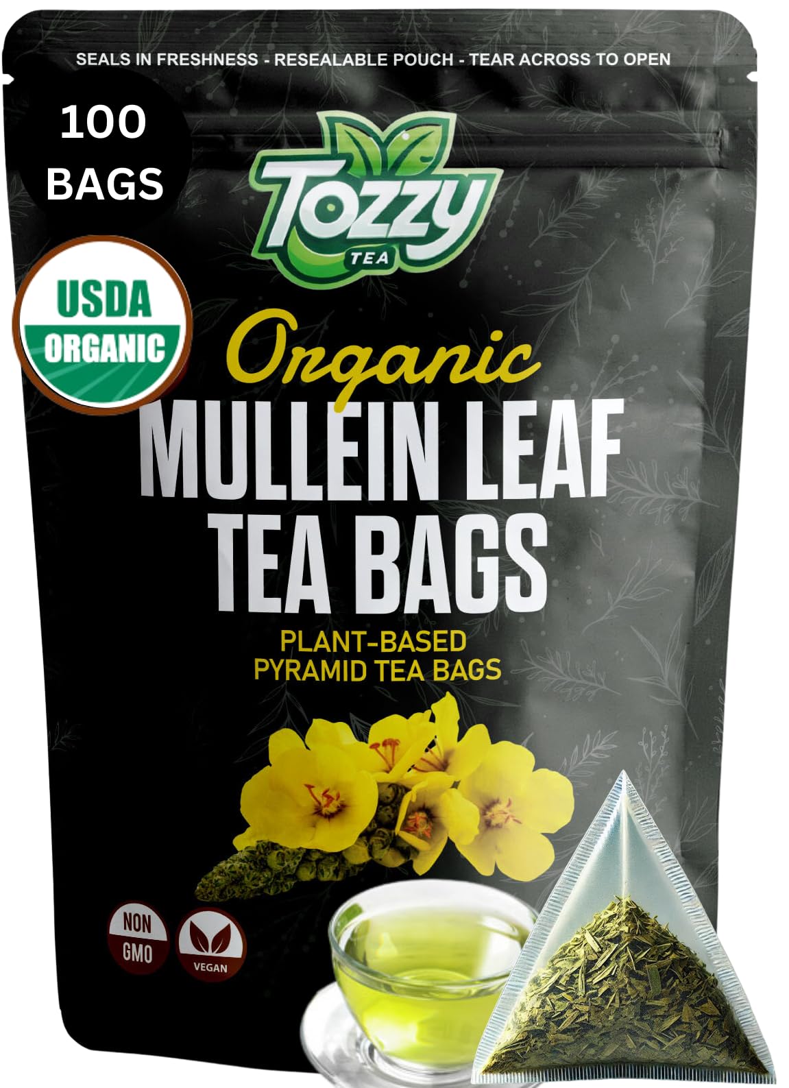Tozzy Usda Organic Mullein Tea - 100 Count (Pyramid Tea Bags) | Lung & Respiratory Support | Pure Plant-Based Ingredients | Eco-