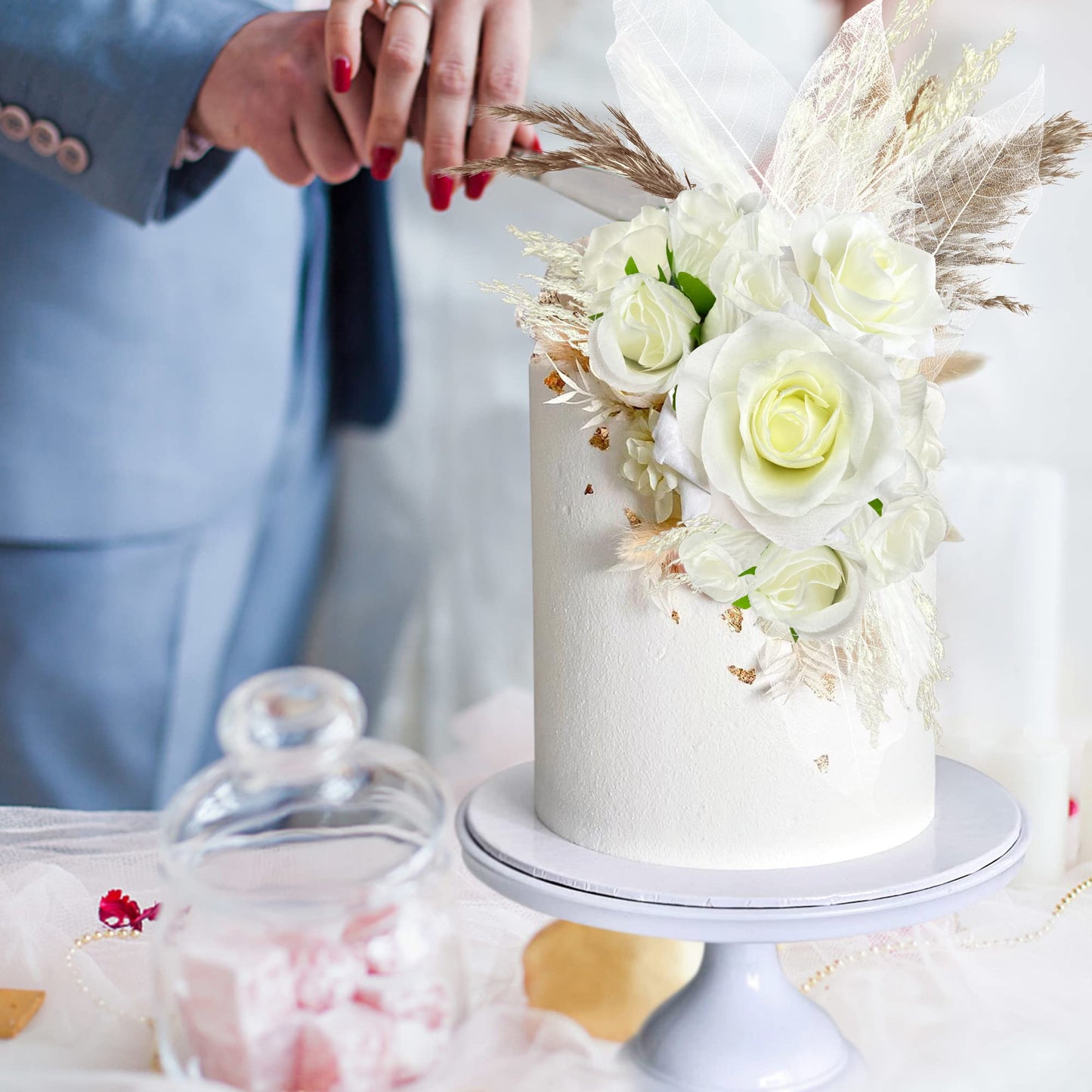HAVAGDTM Natural Boho Cake Topper, Vintage Artificial Flowers & Dried Pampas Grass, White, Model HAVA-KFT
