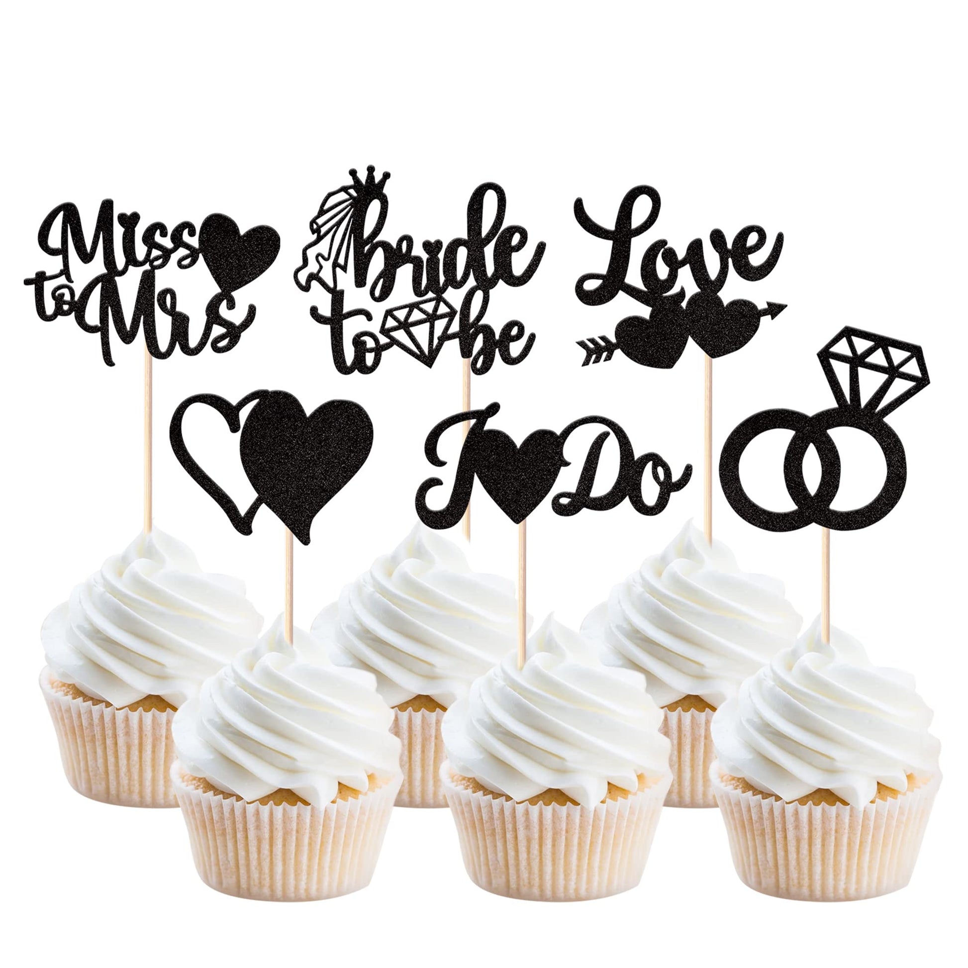 YCTHUNFISH 36 Pack Bridal Shower Cupcake Toppers Glitter Diamond Ring Black Bamboo Picks