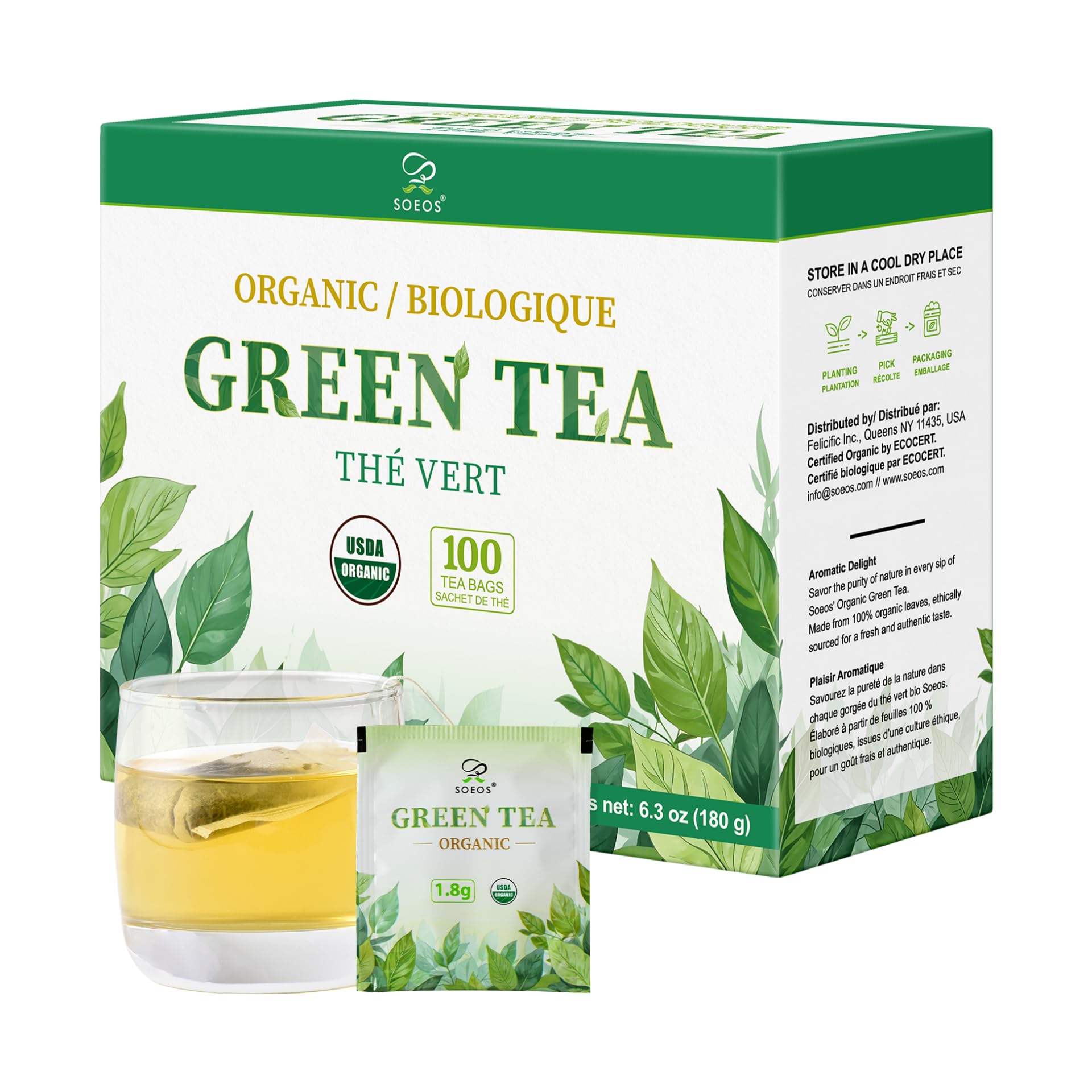 Soeos Organic Green Tea, Caffeinated, 100 Tea Bags, 6.3 Ounce, Fresh and Healthy