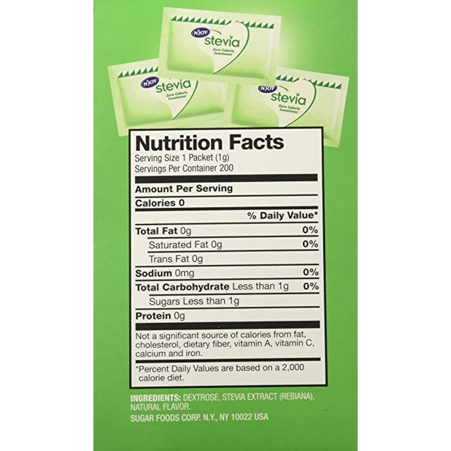 NJoy Zero Calorie Sweetener | Green Stevia Packets | 200 Count | Kosher | Gluten Free and Sodium Free