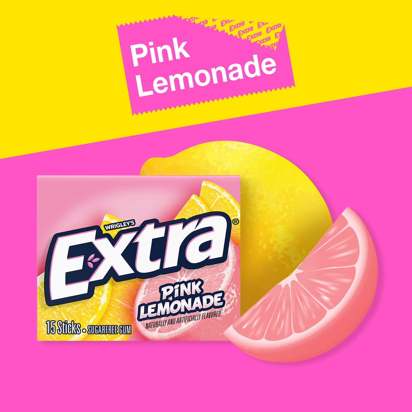 Extra Gum Pink Lemonade - Sugar-Free Chewing Gum, 15 Sticks per Pack, Bulk Box of 10 Packs, Total 150 Sticks