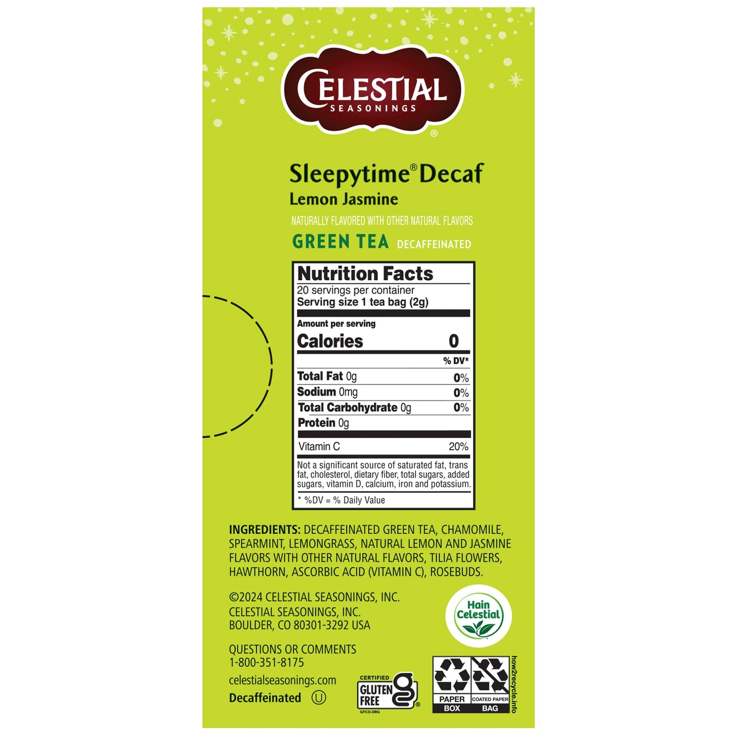 Celestial Seasonings Sleepytime Decaf Lemon Jasmine Green Tea Bags 20 Tea Bags