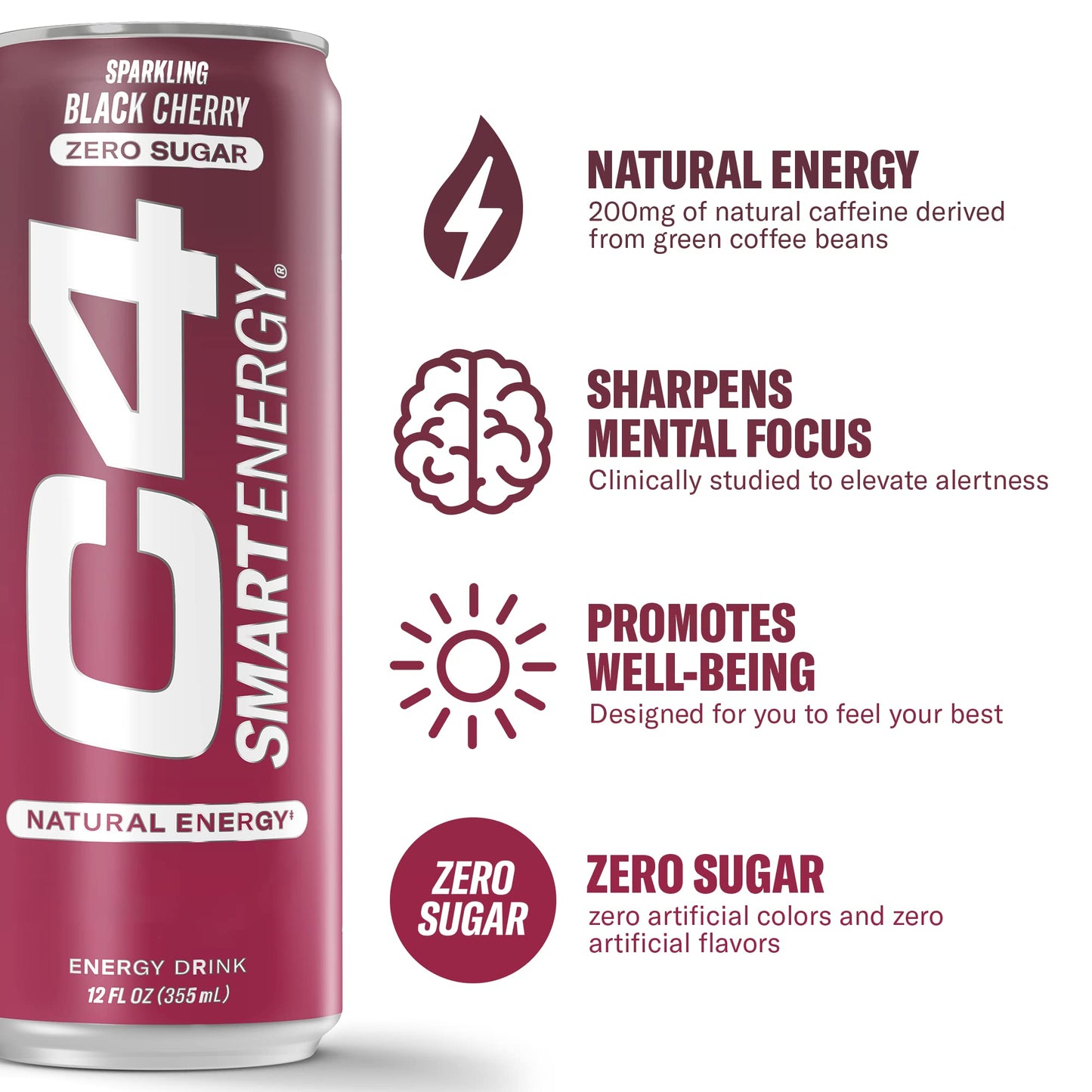 Cellucor C4 Smart Energy Drink - Sugar Free, Brain Booster - Black Cherry, 12 Fl Oz (Pack of 12)