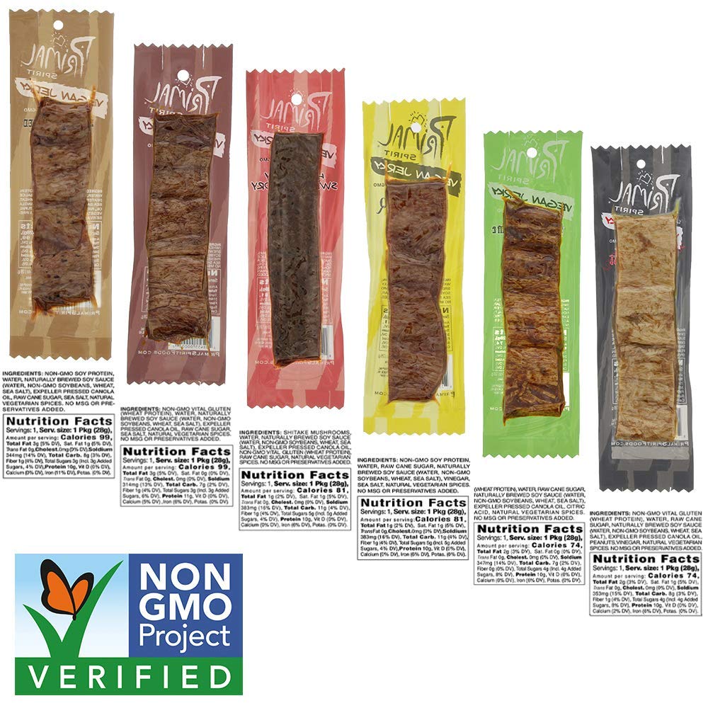Primal Spirit Vegan Jerky Classics Pack - 18 Count, 1 oz. Assortment of Flavors: Teriyaki, Hickory Smoked, BBQ, Thai Peanut, Hot & Sp