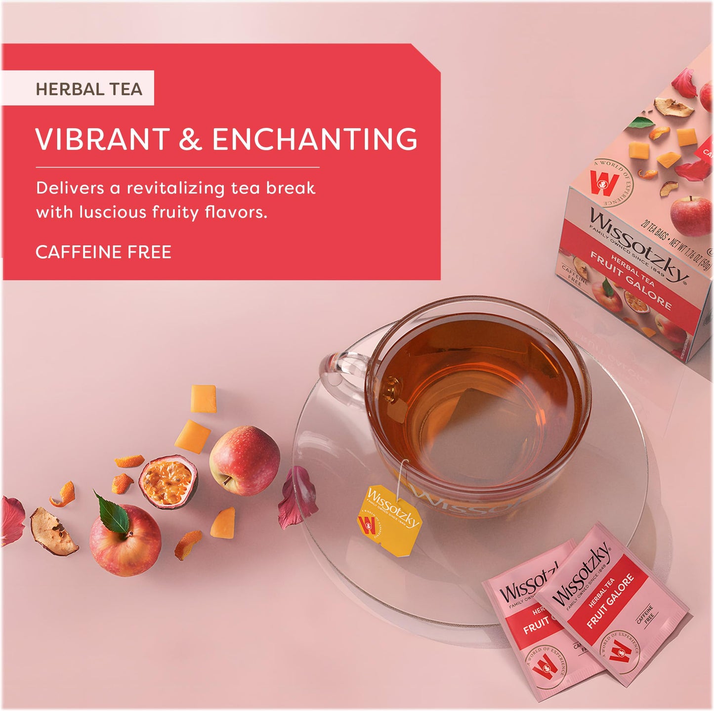 Wissotzky Fruit Galore Herbal Tea, Caffeine Free, 20 Tea Bags, Antioxidant Rich, Pink