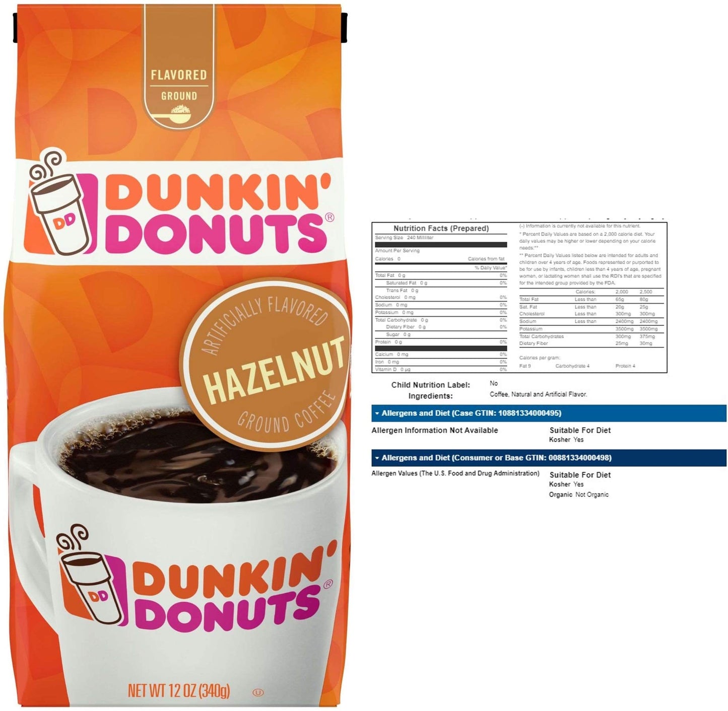 Dunkin' Donuts Hazelnut Ground Coffee, 12 Ounce (Pack Of 2) - Set Of 2