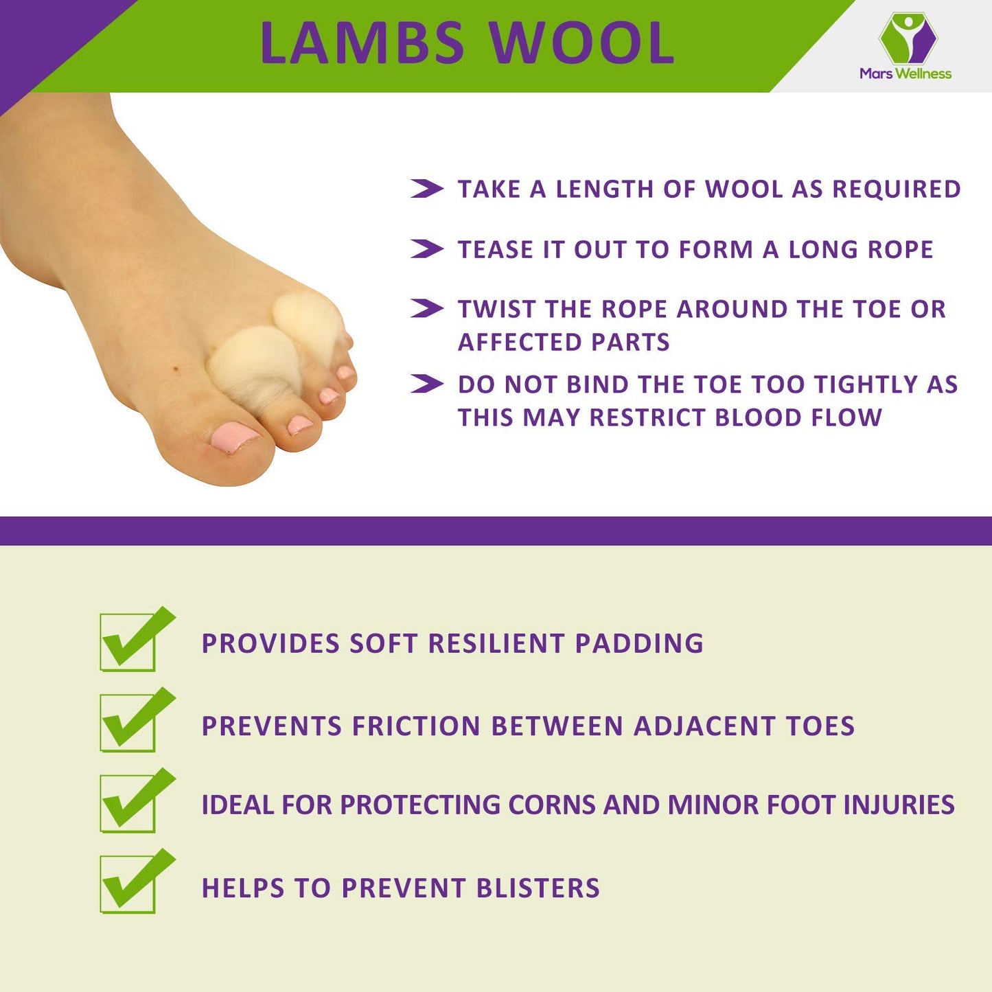 Lambs Wool For Feet Super Soft Cushioning And Toe Seperator - 3/8 Oz - Great For Hiking, Dance, Walking And Running - 2 Pack