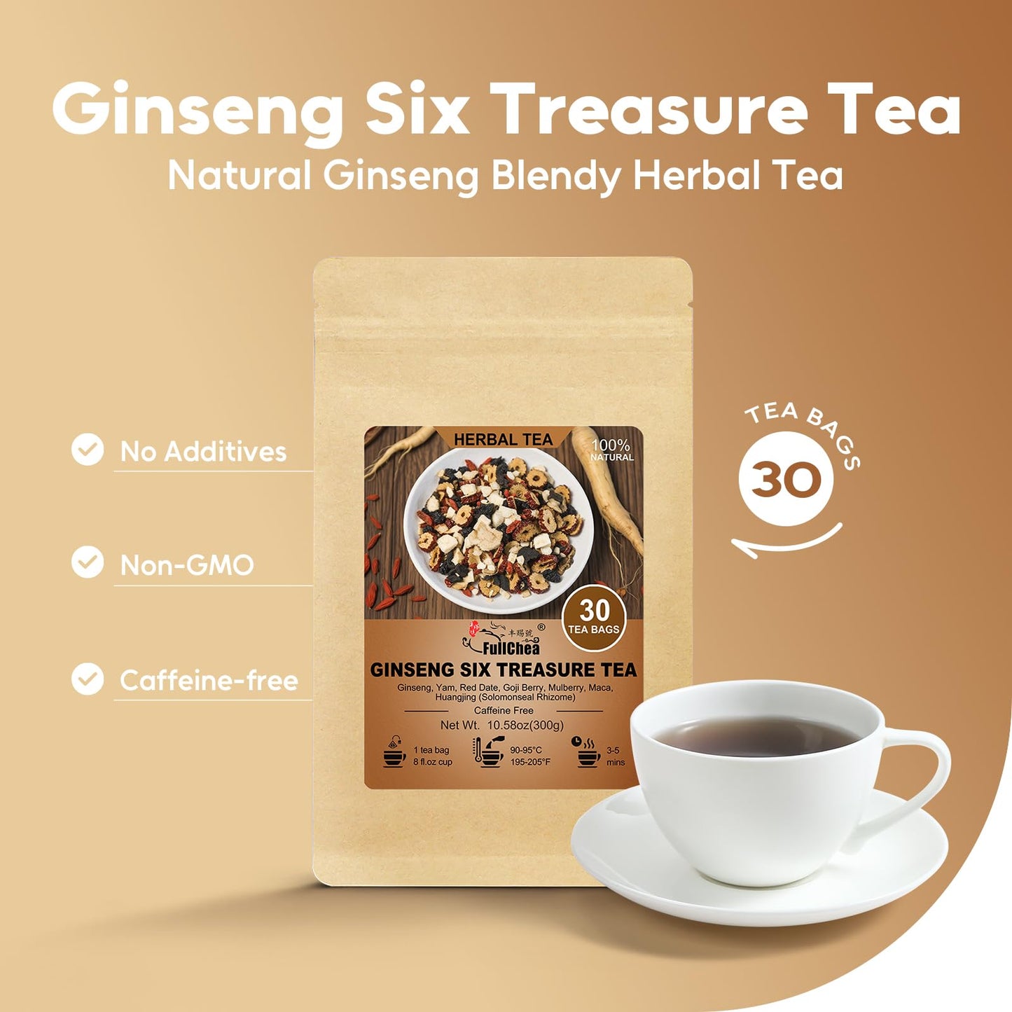 FullChea - Ginseng Six Treasure Tea  30 Teabags  Traditional Chinese Herbal Blend for Kidney Health  Detox Tea With Ginseng  Mulberry  Huangjing  Maca  Goji Berry  Red Dates  Yam - Support Wellness
