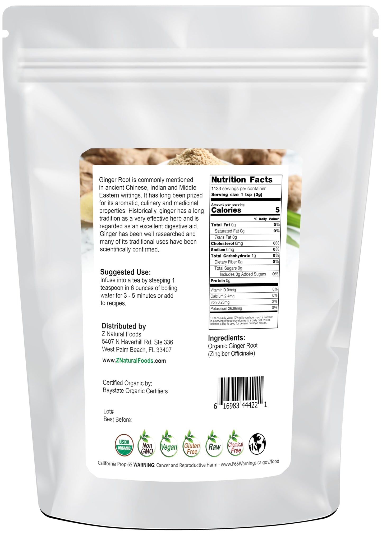Z Natural Foods Organic Ginger Root Powder - Raw, Non-GMO, Gluten-Free - 5 lb Bulk Size