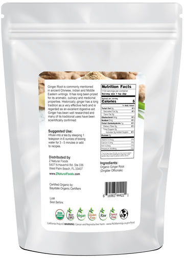 Z Natural Foods Organic Ginger Root Powder - Raw, Non-GMO, Gluten-Free - 5 lb Bulk Size
