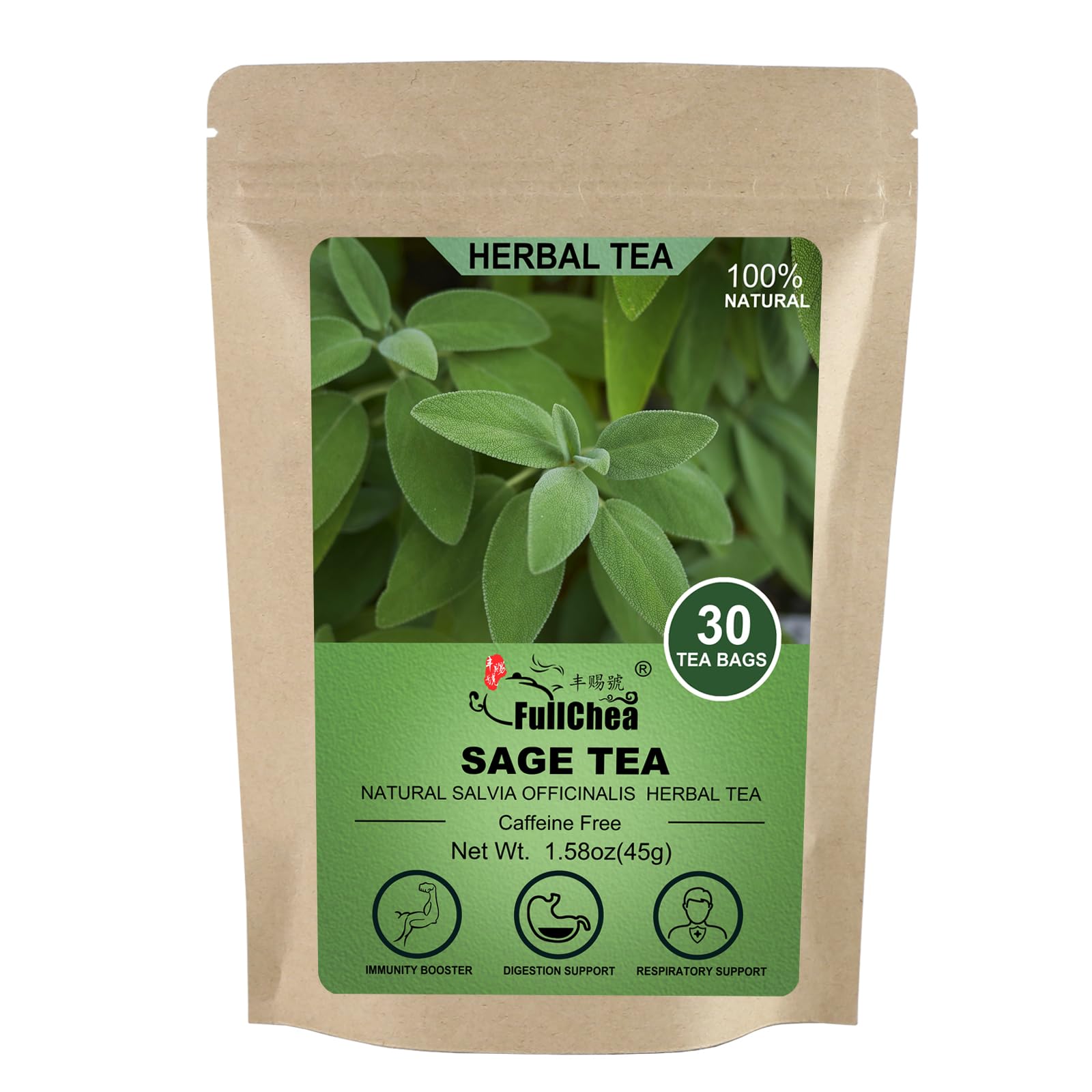 FullChea Sage Tea Bags, Premium Natural Cut & Sifted, Non-GMO, Caffeine-free, 30 Count (Pack of 1)