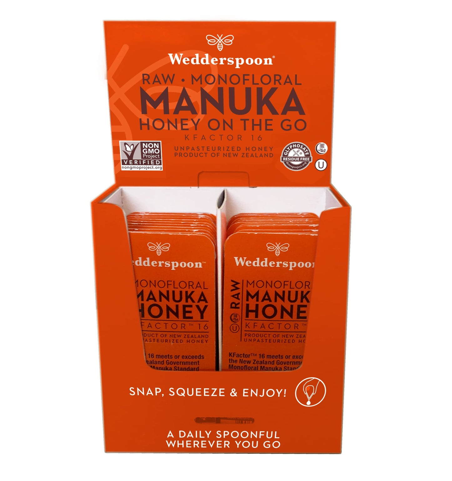 Wedderspoon Raw Manuka Honey KFactor 16, Unpasteurized, 4.2 Oz (24 Travel Packs), Genuine New Zealand Honey, Traceable Quality