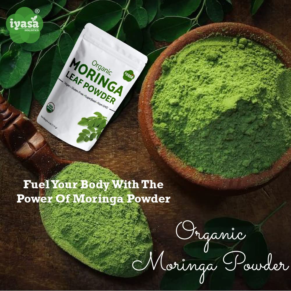 Iyasa Holistics Organic Moringa Leaf Powder, Energy Booster, 4 oz, Green, Model IYASAMORINGAO04