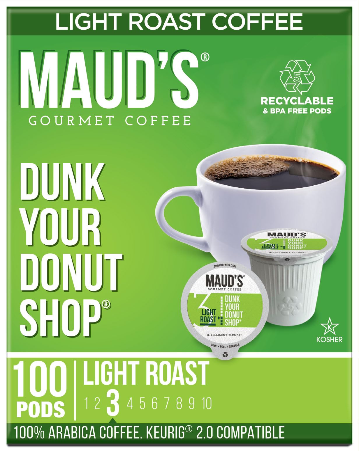 Maud'S Donut Shop Flavored Coffee Pods, 100 Ct | Dunk Your Donut Shop Flavor | 100% Arabica Light Roast Coffee | Solar Energy Pr