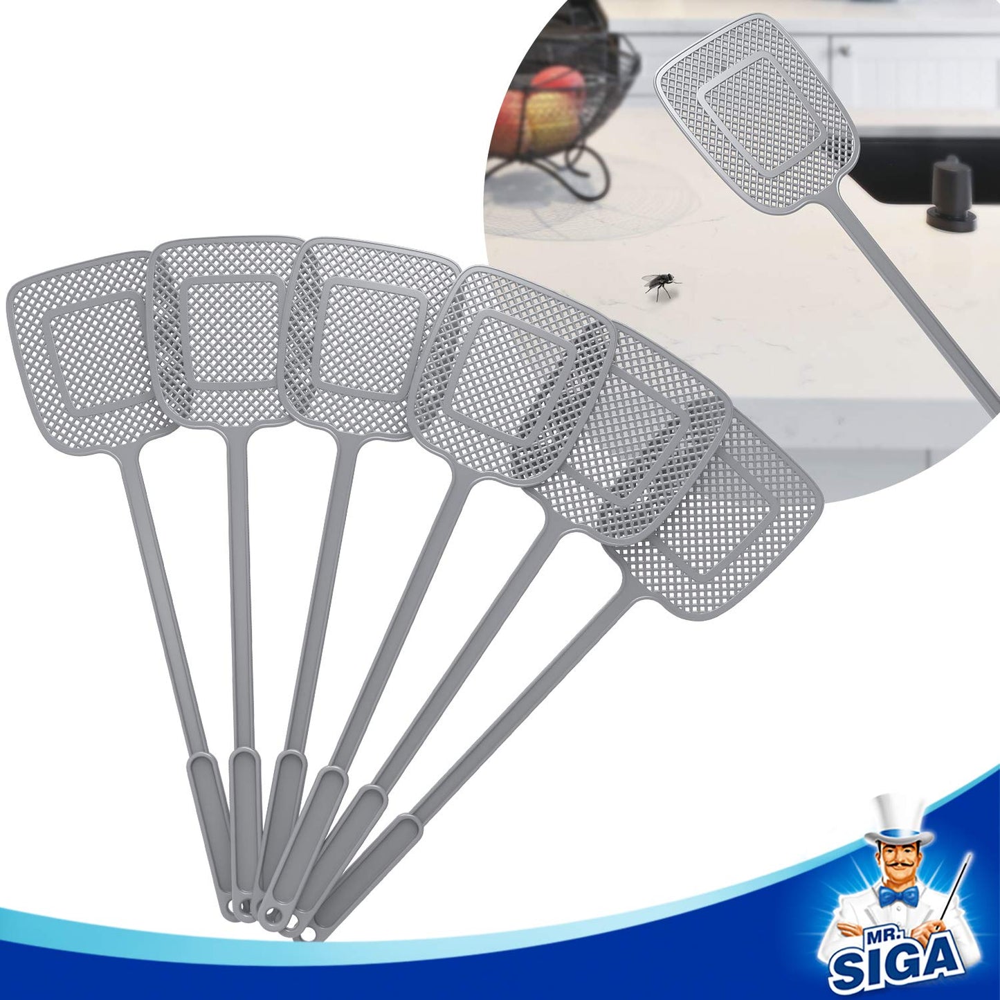 Mr.Siga Heavy Duty Long Handle Fly Swatter, Gray, 6 Pack