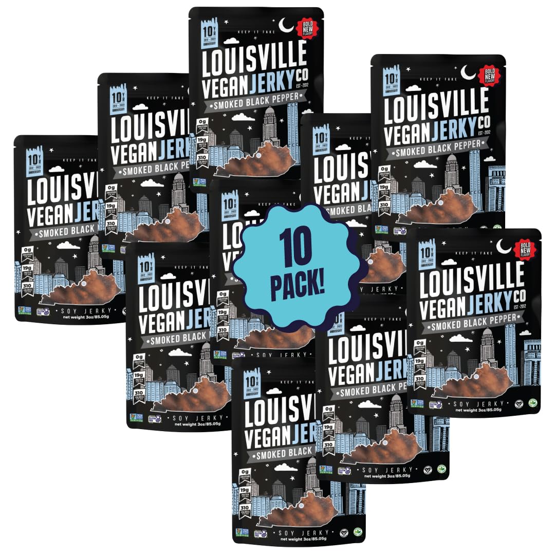 Louisville Vegan Jerky - Smoked Black Pepper, Gluten-Free, 19g Non-GMO Soy Protein, 310 Calories, 10-Pack