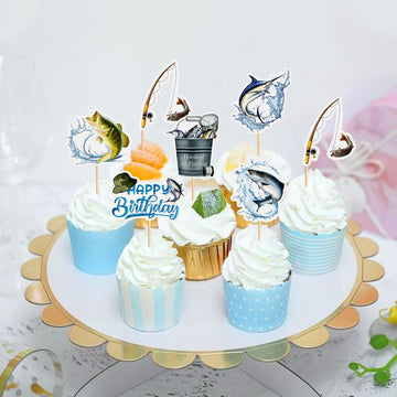 Cyodoos 36Pcs Fishing Cupcake Toppers Go Fishing Theme Decorations Baby Shower Boys Girls Happy Birthday Party Tropical Party Ca