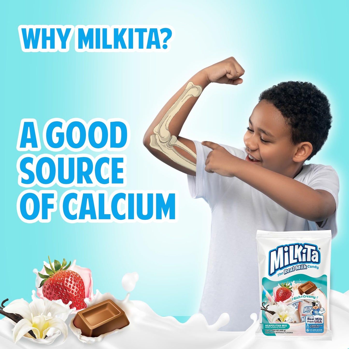 Milkita Creamy Shake Candy Bag, Gluten Free Chewy Candies With Calcium & Real Milk, Zero Trans Fat, Low-Sugar, Neapolitan Flavors (Vanilla, Strawberry, Chocolate), 30 Pcs