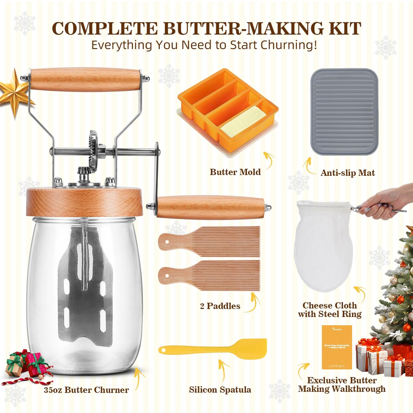Tanedar Pro Butter Churner Set - 35oz Glass Jar, Anti-Slip Mat, Cheesecloth, Butter Mold & 2 Paddles - DIY Kitchen Gift