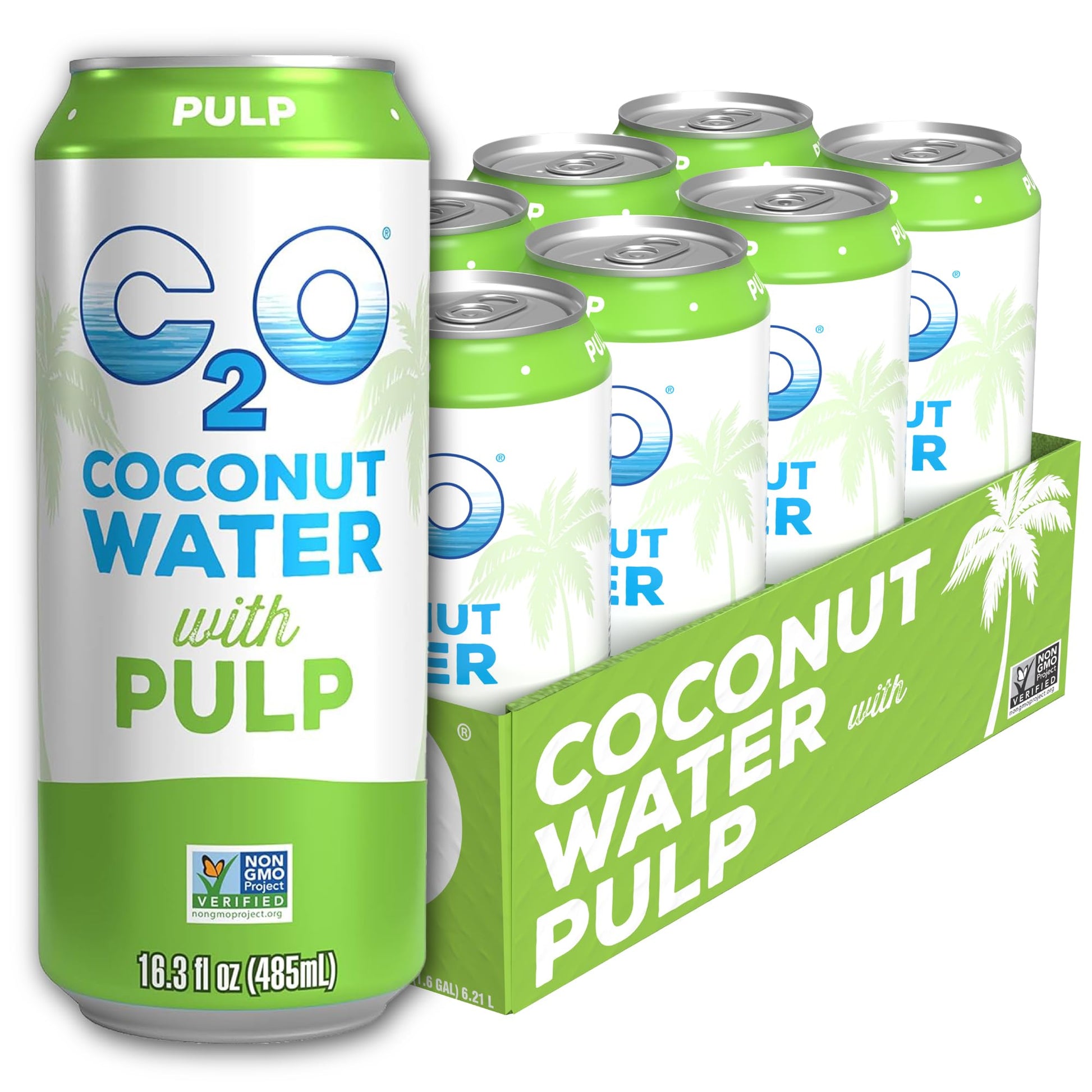 C2O - Coconut Water with Pulp (8 Pack) - Made with Fresh Coconut Water, 100% Fruit Juice - Plant Based, Non GMO, Canned Water - 