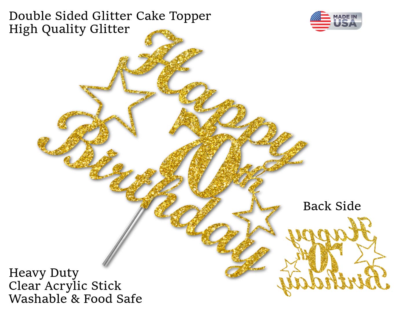 70 Birthday Cake Topper Gold Glitter, Party Decoration Ideas, Premium Quality, Sturdy Doubled Sided Glitter, Acrylic Stick. Made