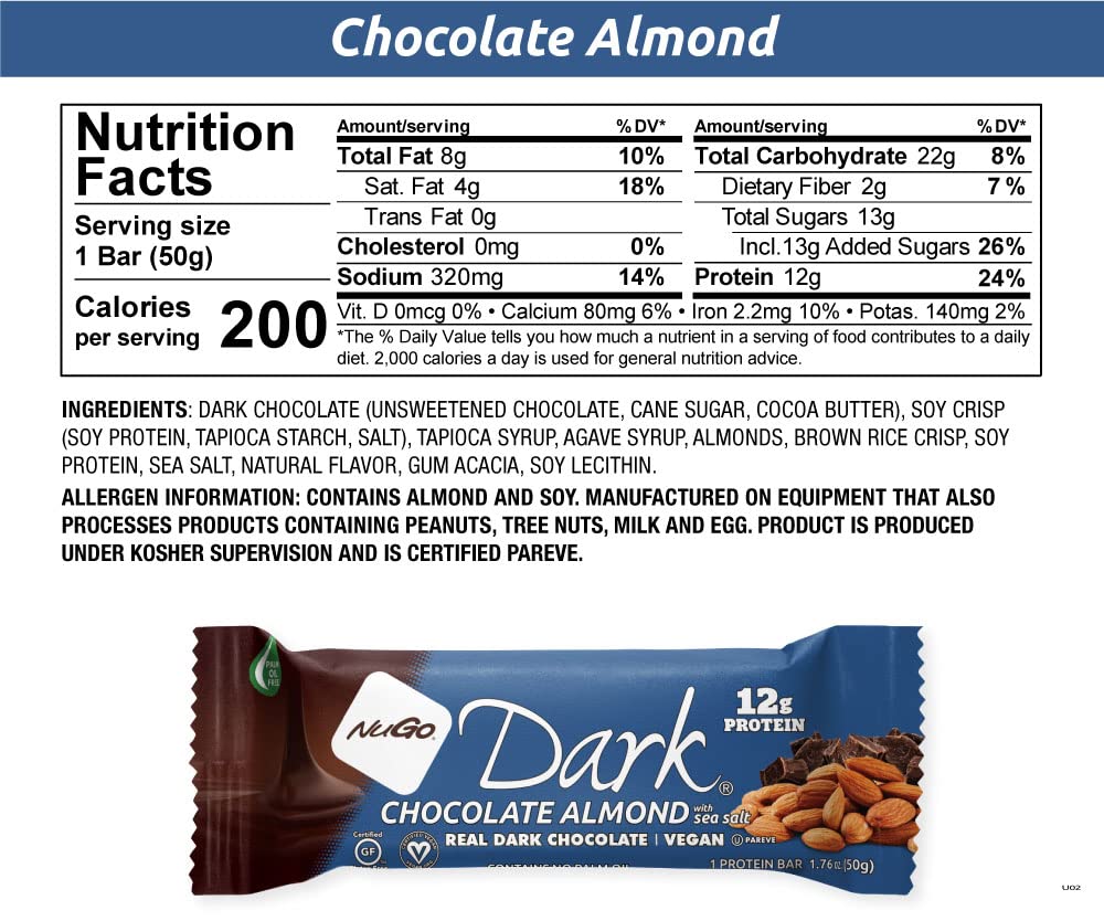 Nugo Dark Chocolate Almond With Sea Salt, 12G Vegan Protein, 200 Calorie, Gluten Free, 12 Count
