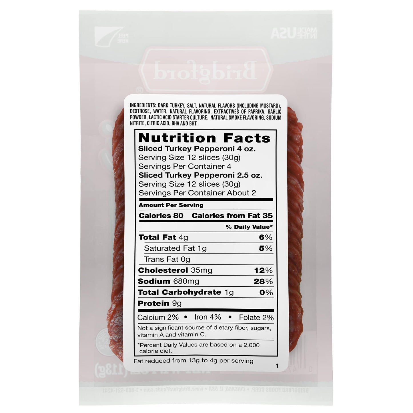 Bridgford Sliced Turkey Pepperoni - Naturally Smoked Snacks, 4 oz Pack of 6, Ideal for Pizza and Sandwiches