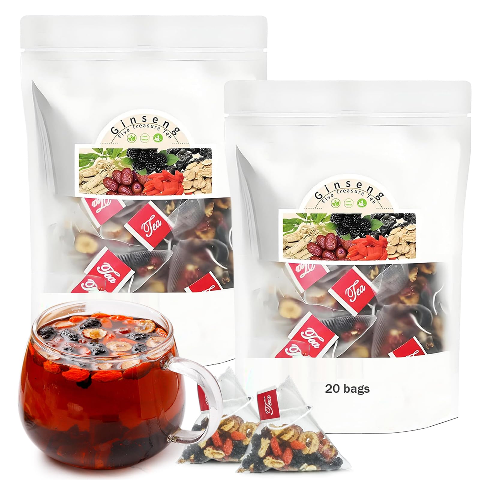 Ginseng Five Treasures Tea Kidney Tea - Kidney Cleanse Ginseng Six Treasures Teas  6 Precious Ingredients Red Date Wolfberry Mulberry Natural Organic Detox Teabag for Women & Men (2 Bag(40 Teabag))