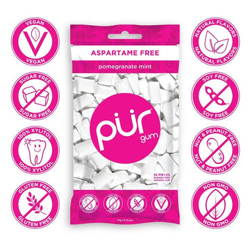 Pur 100% Xylitol Chewing Gum, Sugarless Pomegranate Mint, Sugar Free + Aspartame Free + Gluten Free, Vegan & Keto Friendly - Low Carb, Simply Pure Natural Fruit Flavored Gum, 55 Pieces (Pack Of 6)