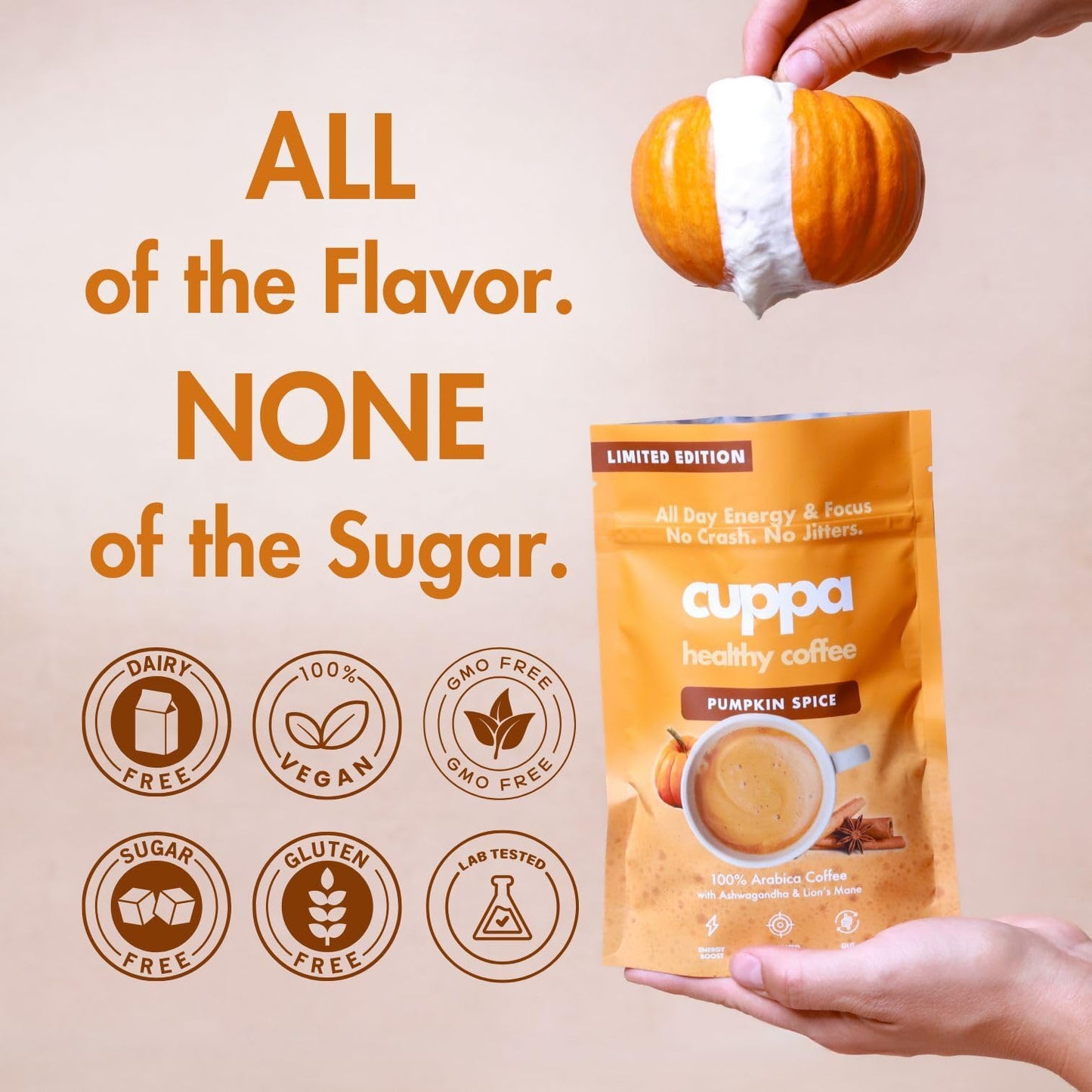 Cuppa Healthy Mushroom Insant Coffee with Lions Mane & Ashwagandha for All Day Energy & Focus - No Crash or Jitters - Nootropics for Brain Health  Gut Health  Immunity  Stress  Memory + Mood (30 Servings  Pumpkin Spice)