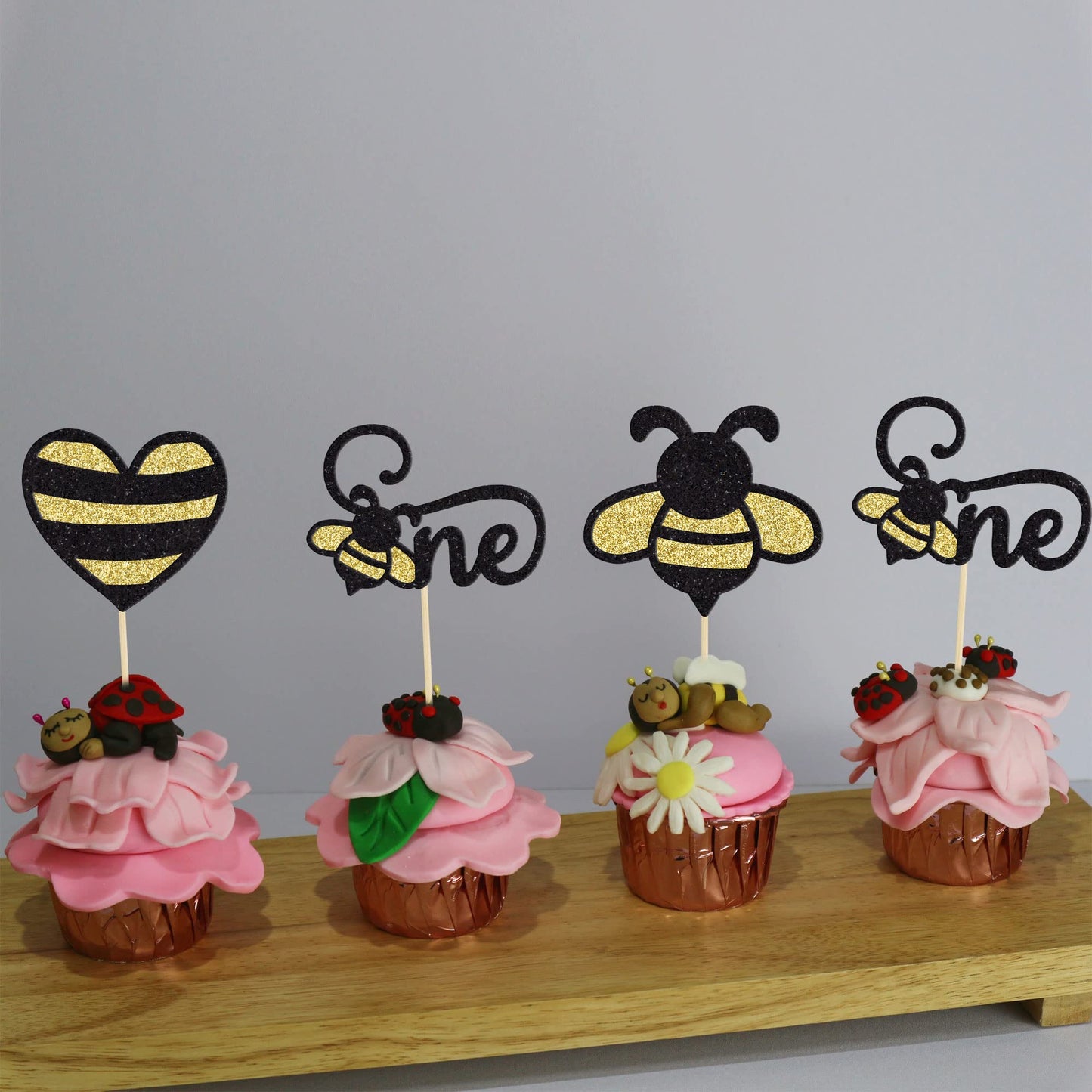 Gyufise 24Pcs Bumble Bee One Cupcake Toppers Heart Bumble Bee Cake Decorations For Boy Girl 1St Birthday Decorations Bee Baby Sh