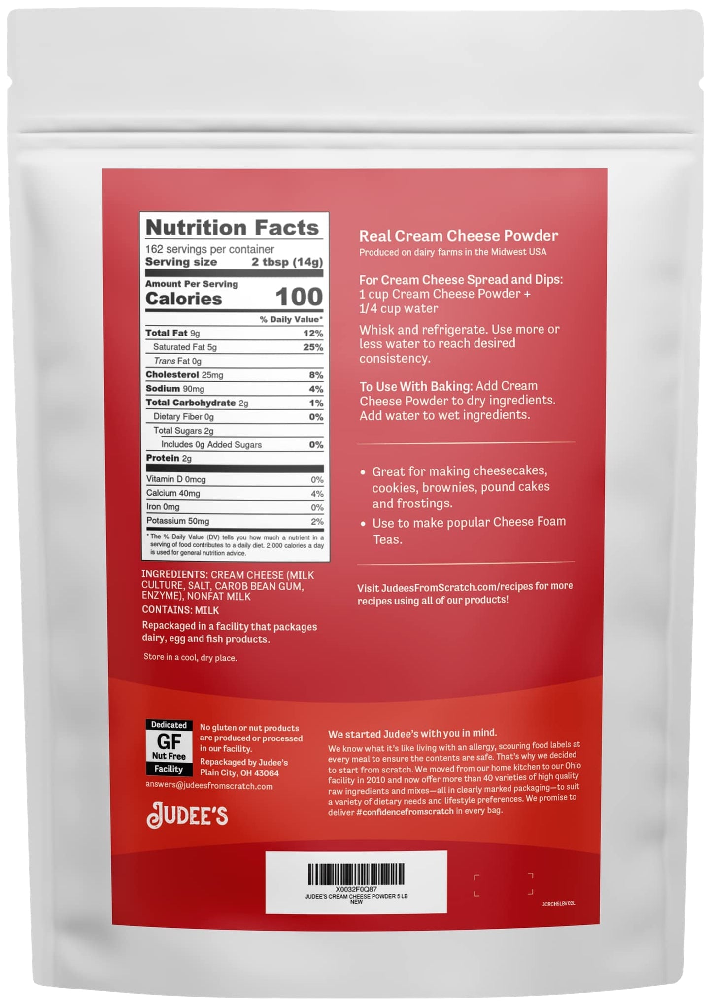 Judees Cream Cheese Powder - 100% Non-GMO, Keto-Friendly, Gluten-Free - 5 lb