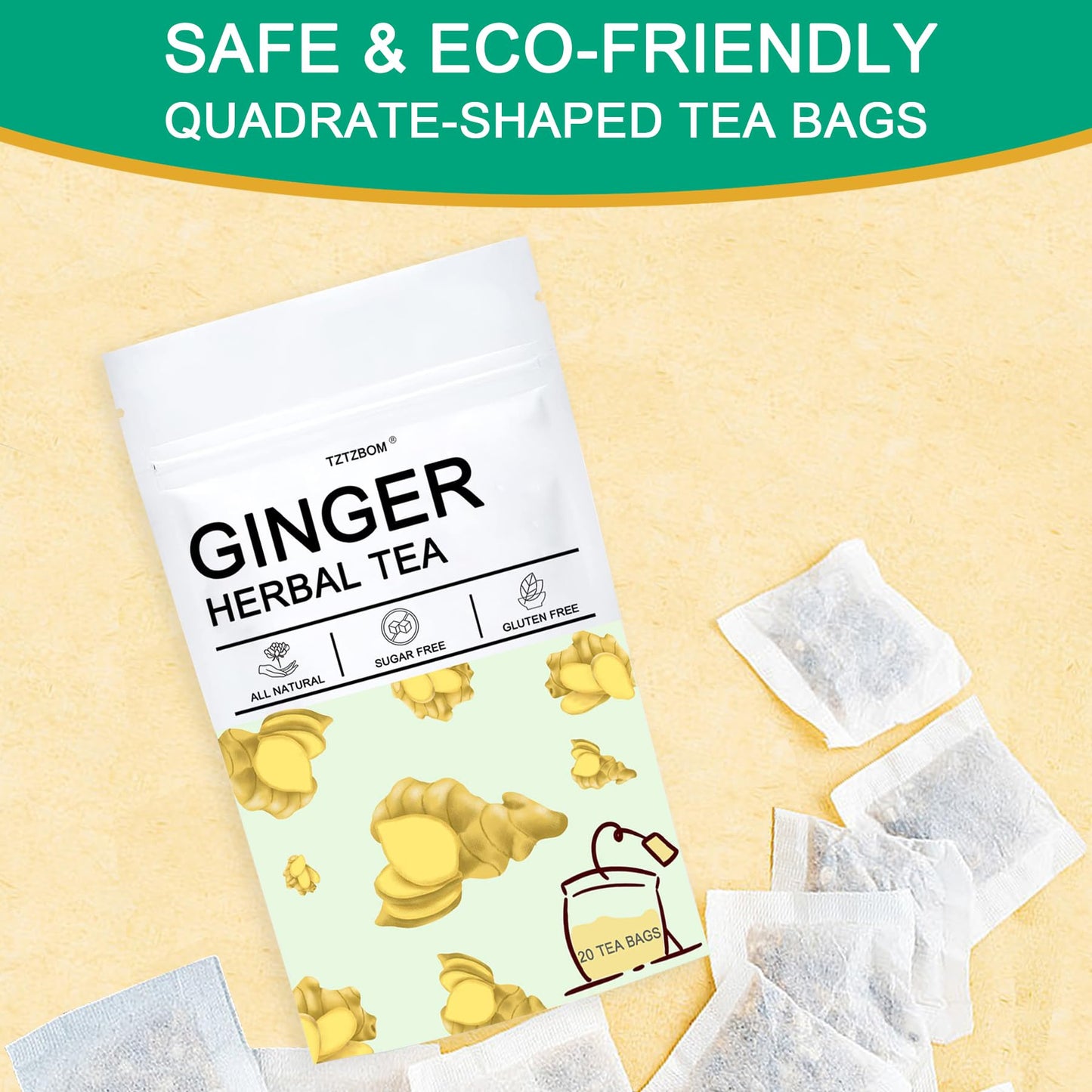 Tztzbom Ginger Tea Bags - 100% Pure Ginger Root & Lemon Peel & Liquorice Root - Soothing & Spicy Blend Natural Herbal Tea (20 Te