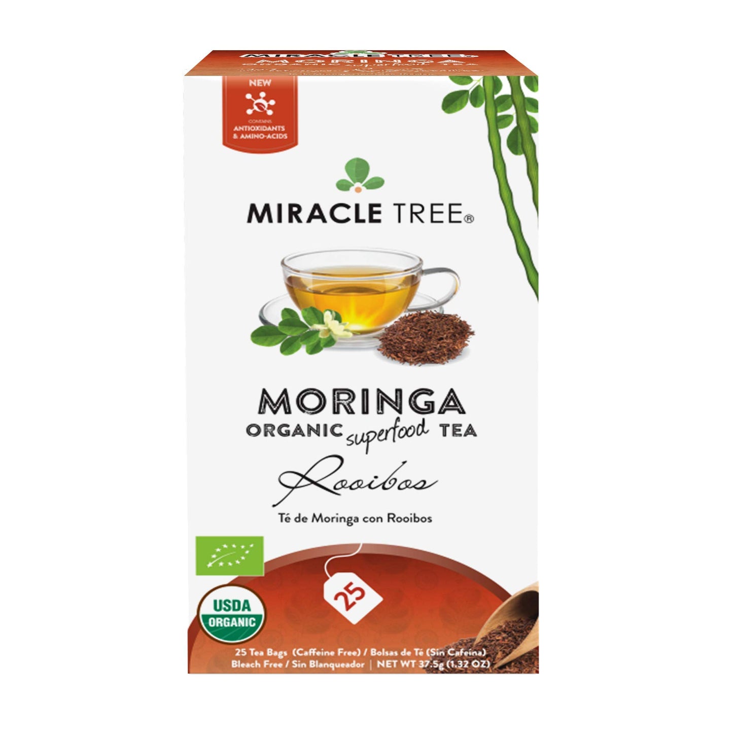 Tree Organic Moringa Tea - 25 Individually Sealed Bags, Caffeine-Free, Vegan, Gluten-Free, Non-GMO, Rooibos Flavor