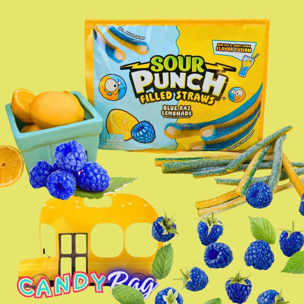 Sour Filled Bites Straws - 8.9Oz Extra Value Bag - Dual Flavor Fusion Blue Raspberry & Lemon - Comes With One Bus Resealable Zip