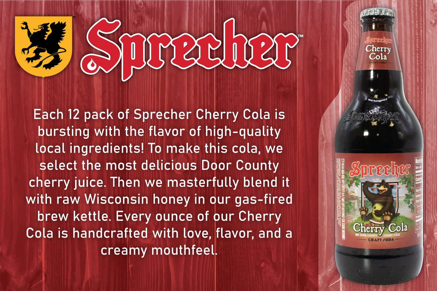 Sprecher Cherry Cola, Great Tasting, Handcrafted, Fire Brewed Gourmet Craft Soda, 16oz Glass Bottle 12 Pack