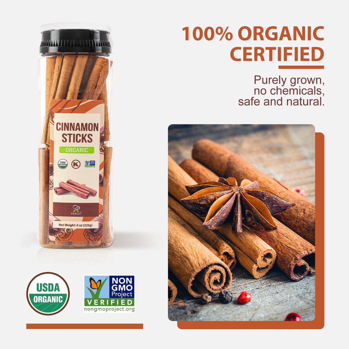 Soeos Cinnamon Sticks Organic  8 oz (226g) Bottle  USDA  Non-GMO and Kosher Certified  enhanced Whole Cinnamon for Baking  Cooking  Desserts  and Beverages  Rich Aroma & Warm Flavor  Ideal for Tea  Coffee  and Holiday Recipes