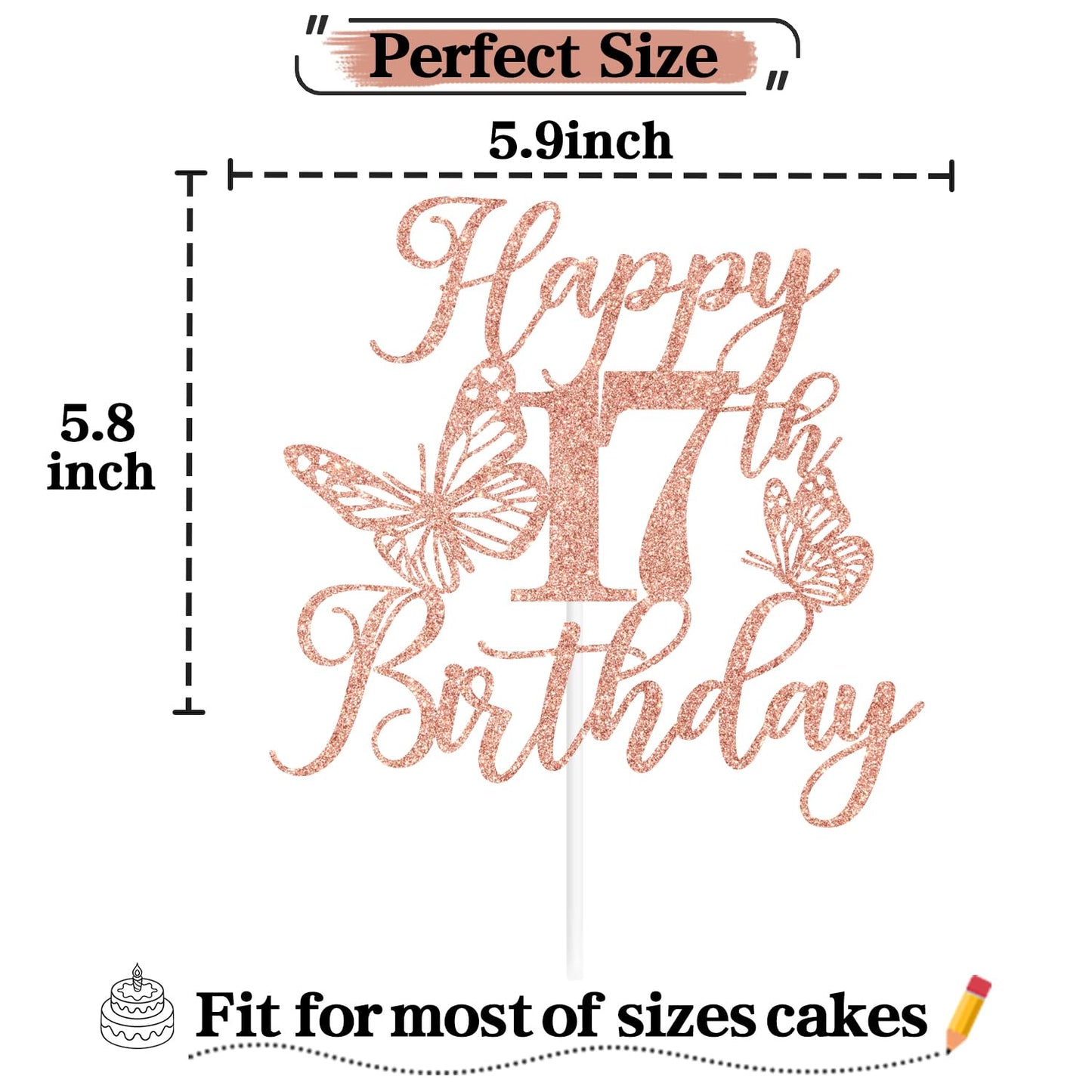 We Can Bearly Wait Rose Gold Glitter Cake Topper, Happy 17th Birthday, Butterfly Theme, Paper Decoration for Girls