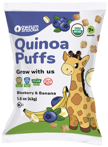 Awsum Snacks Organic Quinoa Puffs For Kids - Happy Healthy Food - Puffed Quinoa - Vegan Kosher Gluten Free - Non-Allergy - No Ad