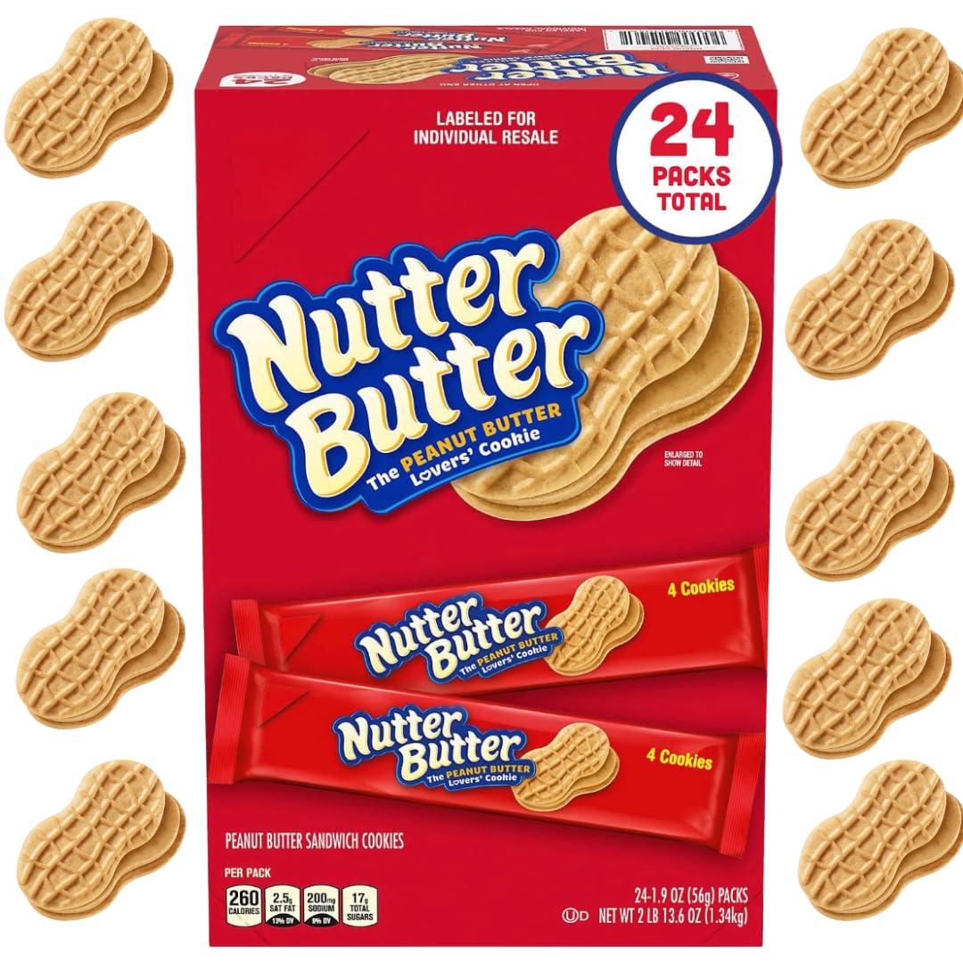 Nutter Butter Cookies - Classic Peanut Butter Sandwich Cookies  24 Pack - Individual Packs for Snack Lovers  Crunchy Peanut Butter Flavor  Perfect for Sharing  Great for Lunchboxes