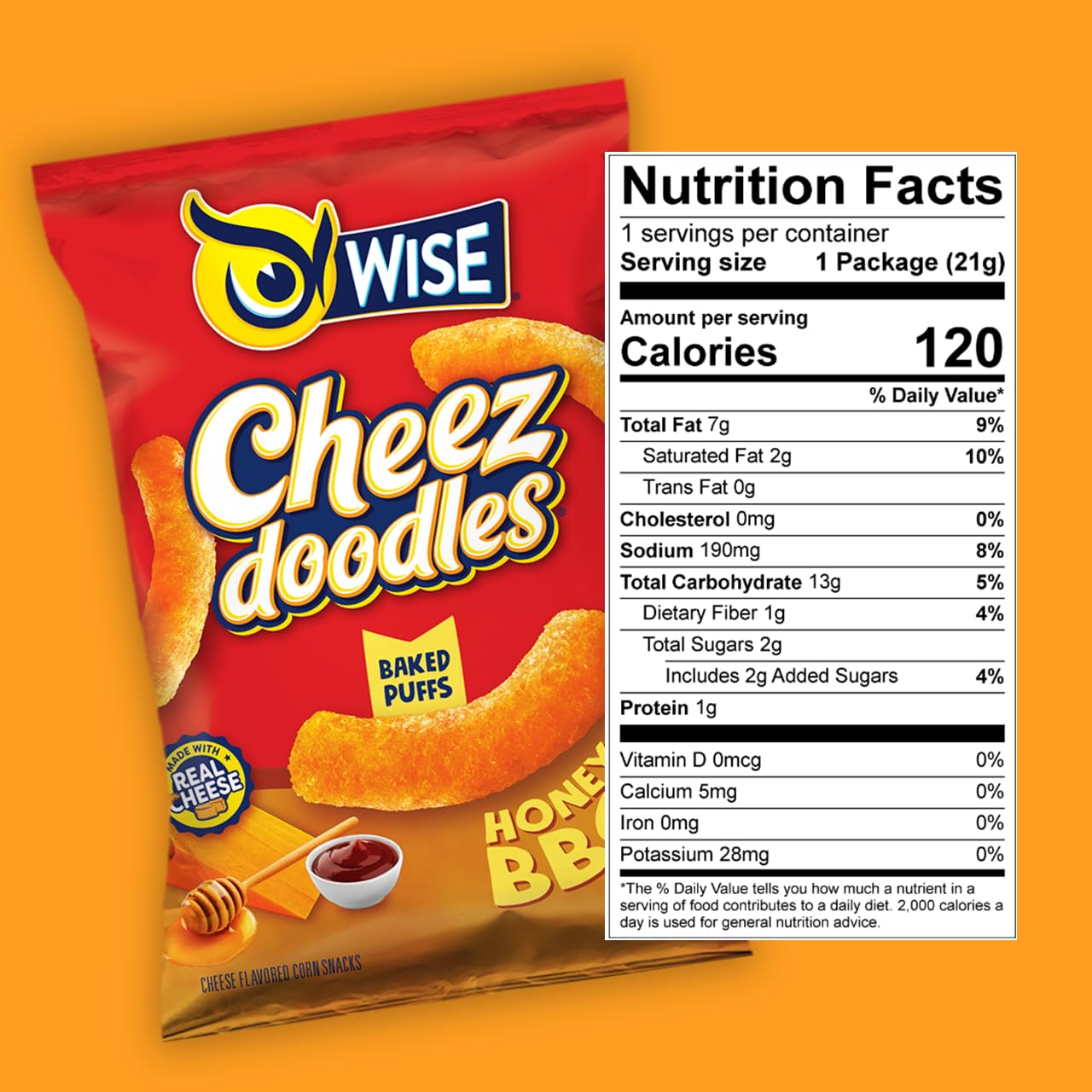 Wise Snacks Cheez Doodles Baked Puffs, Honey Bbq, Individual Snack Size Bags, School And Halloween Snacks For Kids, Gluten Free, 0G Trans Fat, No Preservatives, 0.75 Ounce (42 Count)